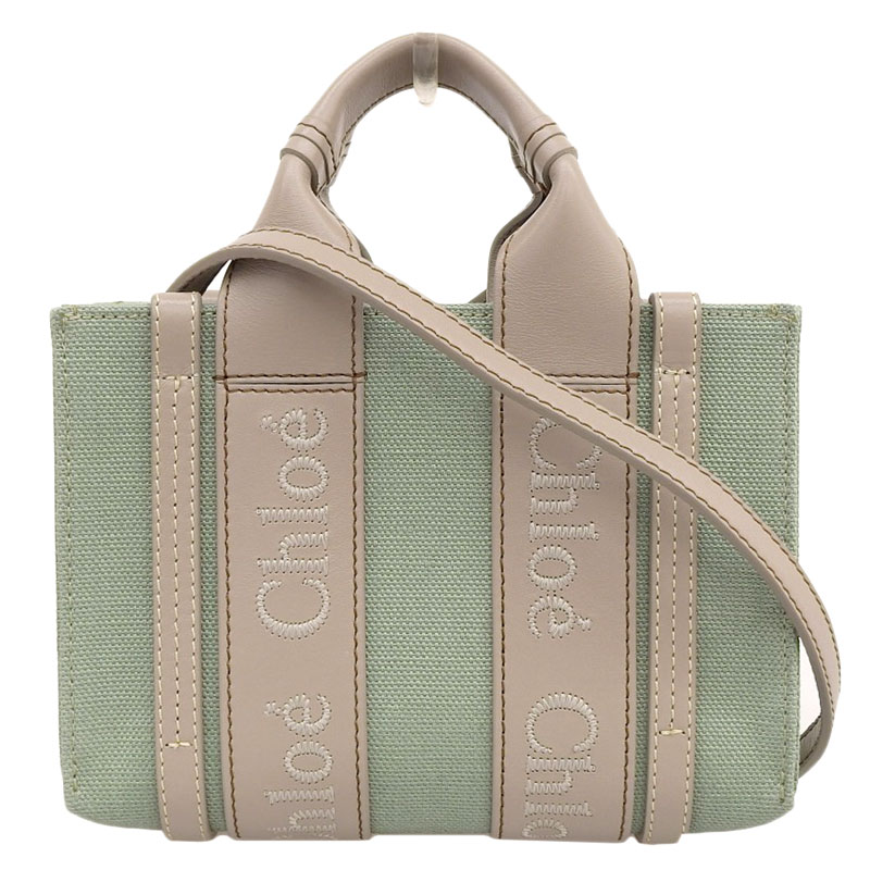 クロエ CHLOE ミニウッディ 2WAYバッグ ハンドバッグ キャンバス レザー グリーン グレージュ CHC22AP237I26 中古 OB1551
