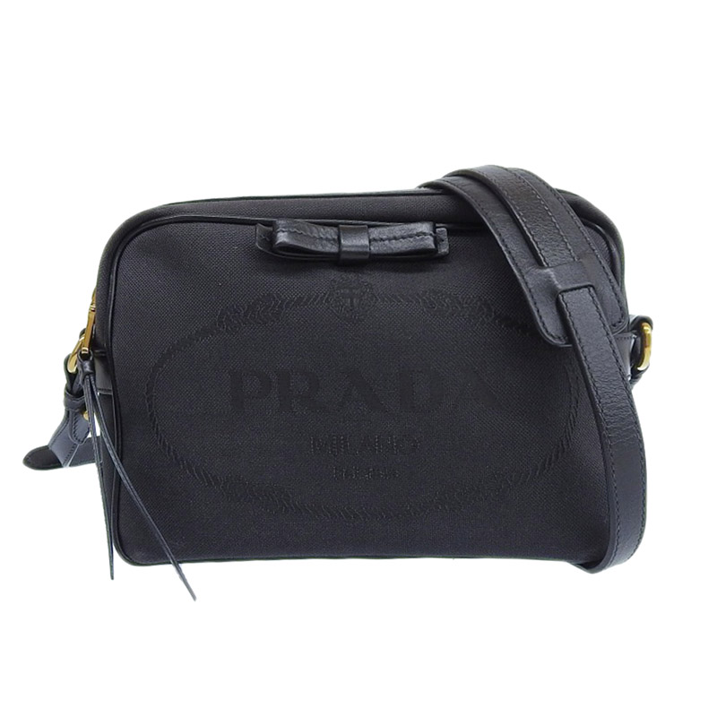 プラダ PRADA ショルダーバッグ 斜め掛けショルダー ジャガード レザー ブラック リボン 1BH089 中古 OB1592
