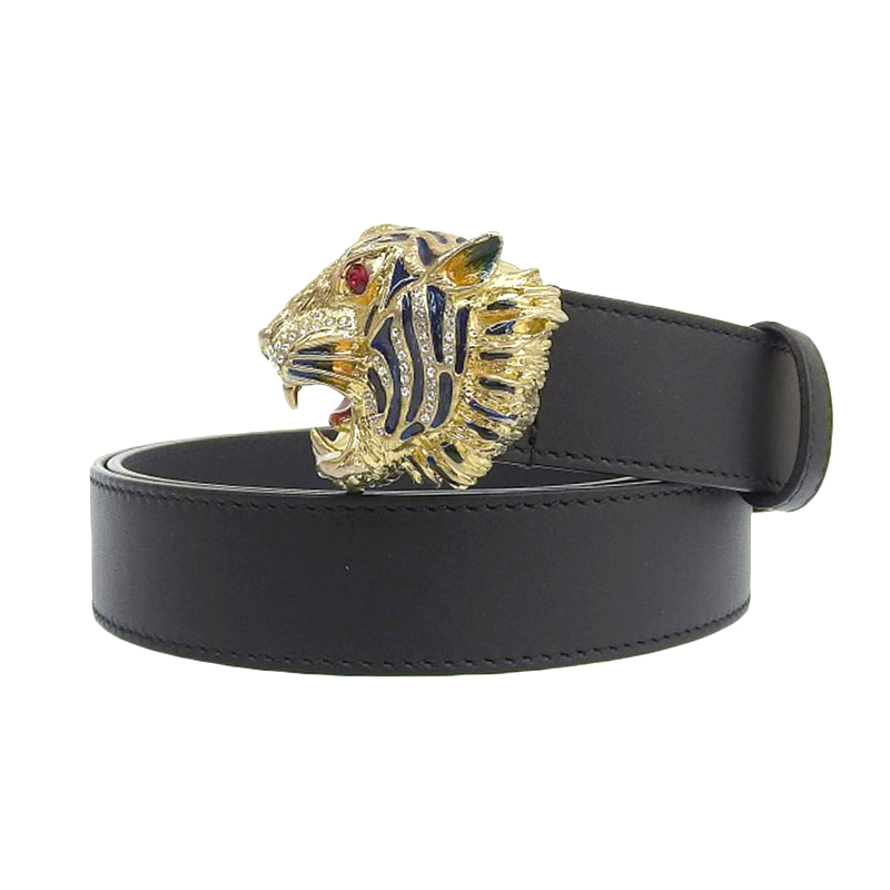 グッチ GUCCI ラジャ タイガーヘッド ベルト GP/レザー ブラック 543152 中古 GU0556