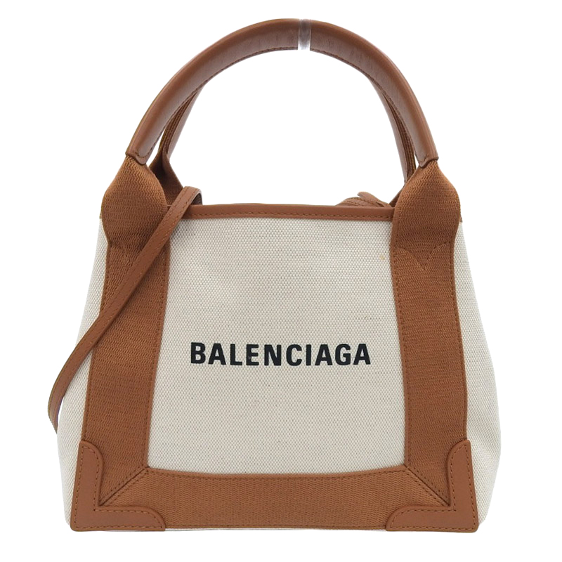 バレンシアガ BALENCIAGA ネイビーカバスXS 2WAYバッグ キャンバス/レザー ホワイト系/ブラウン 390346 中古 OB1655