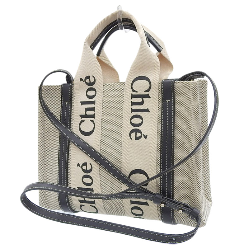 http://クロエ%20CHLOE%20ウッディ%20スモール%202WAYバッグ%20キャンバス/レザー%20ベージュ/ブラック%20CHC22AS397I2691J%20中古%20OB1664