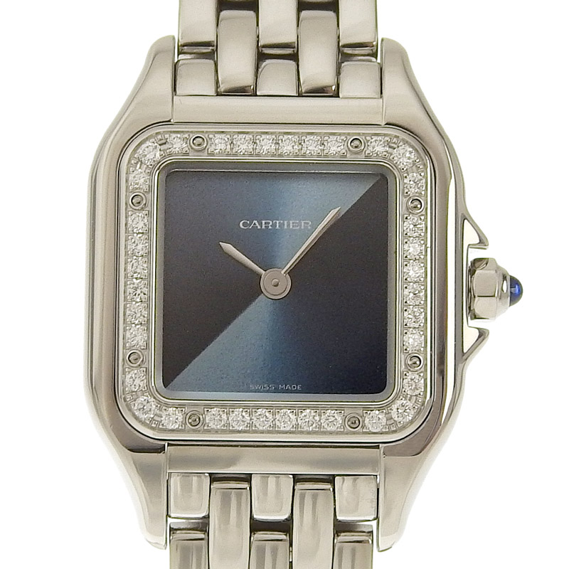 カルティエ CARTIER パンテールドゥカルティエSM レディース クォーツ 時計 SS ベゼルダイヤ ネイビー文字盤 W4PN0013 美品 CA0458