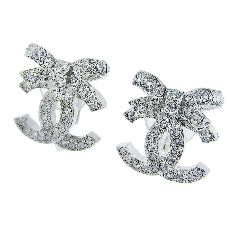 シャネル CHANEL ココマーク リボン イヤリング ラインストーン シルバー色 B23S 美品 CH0898
