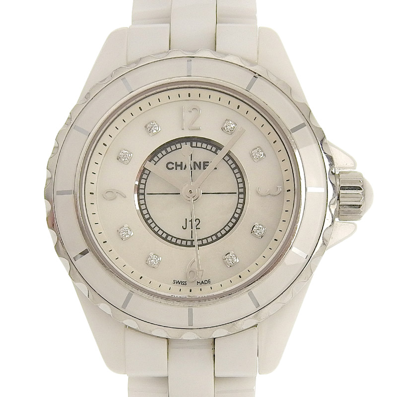 シャネル CHANEL J12 レディース クォーツ 腕時計 セラミック/SS 8Pダイヤモンド ホワイトシェル文字盤 H2570 中古 CH0900