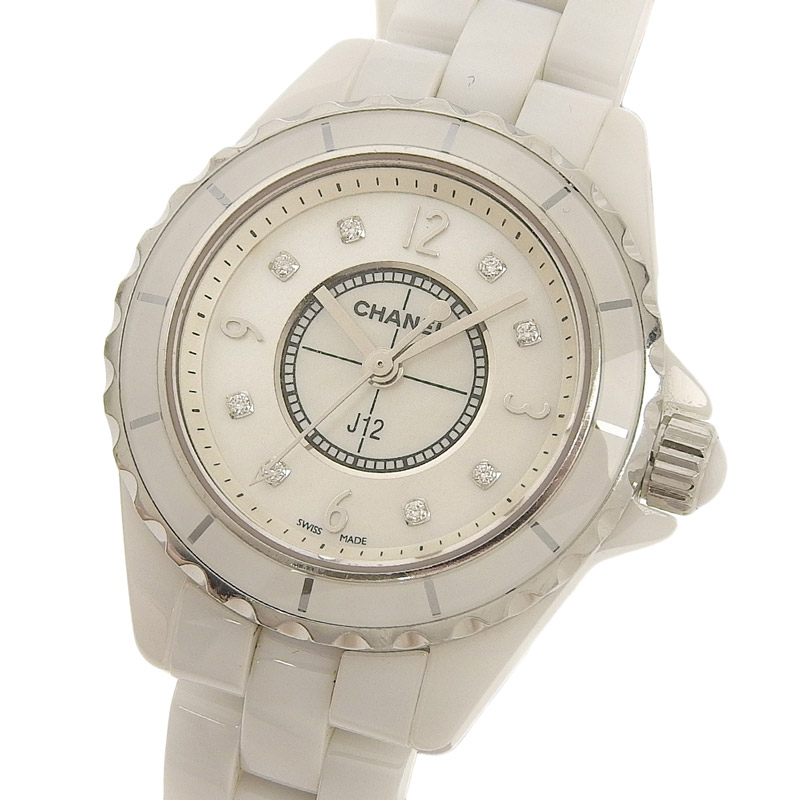 http://シャネル%20CHANEL%20J12%20レディース%20クォーツ%20腕時計%20セラミック/SS%208Pダイヤモンド%20ホワイトシェル文字盤%20H2570%20中古%20CH0900
