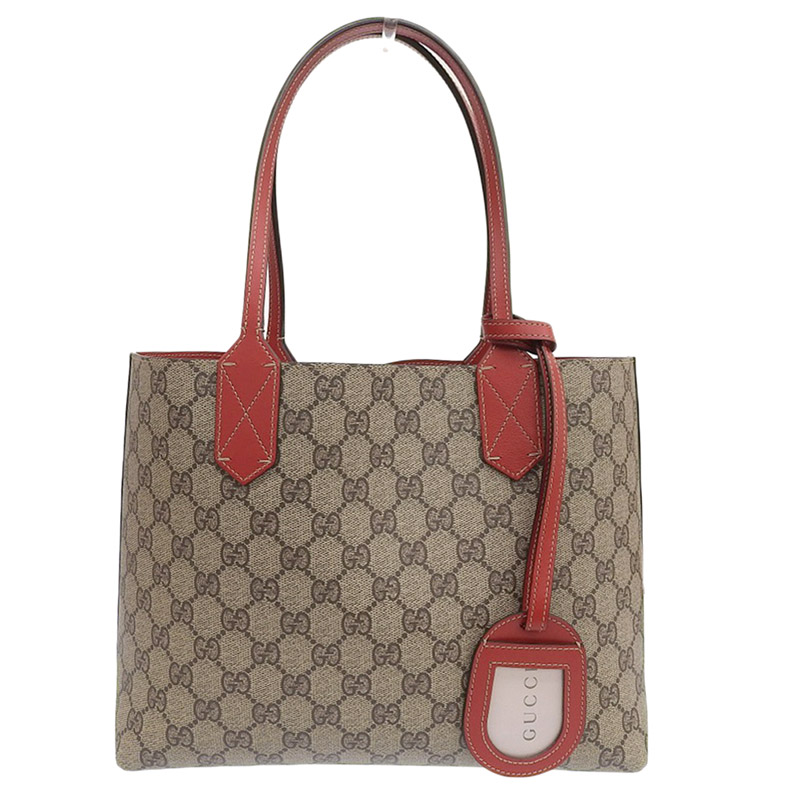 グッチ GUCCI GGスプリーム リバーシブル トートバッグ レザー ベージュ レッド 372613 中古 GU0557