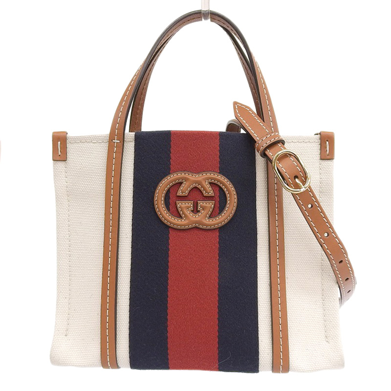 グッチ GUCCI ウェブストライプ インターロッキングG 2WAY ミニトートバッグ キャンバス/レザー アイボリー 727735 中古 GU0558