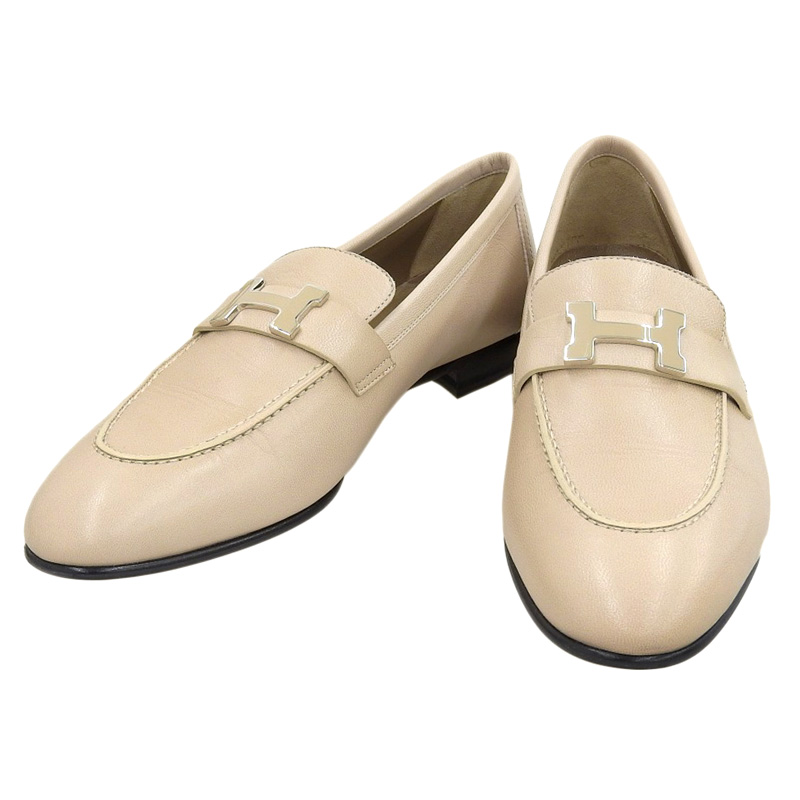 エルメス HERMES モカシンパリ Hバックル ローファー 靴 レザー ベージュ 39 1/2 AF222066Z 美品 HE0896