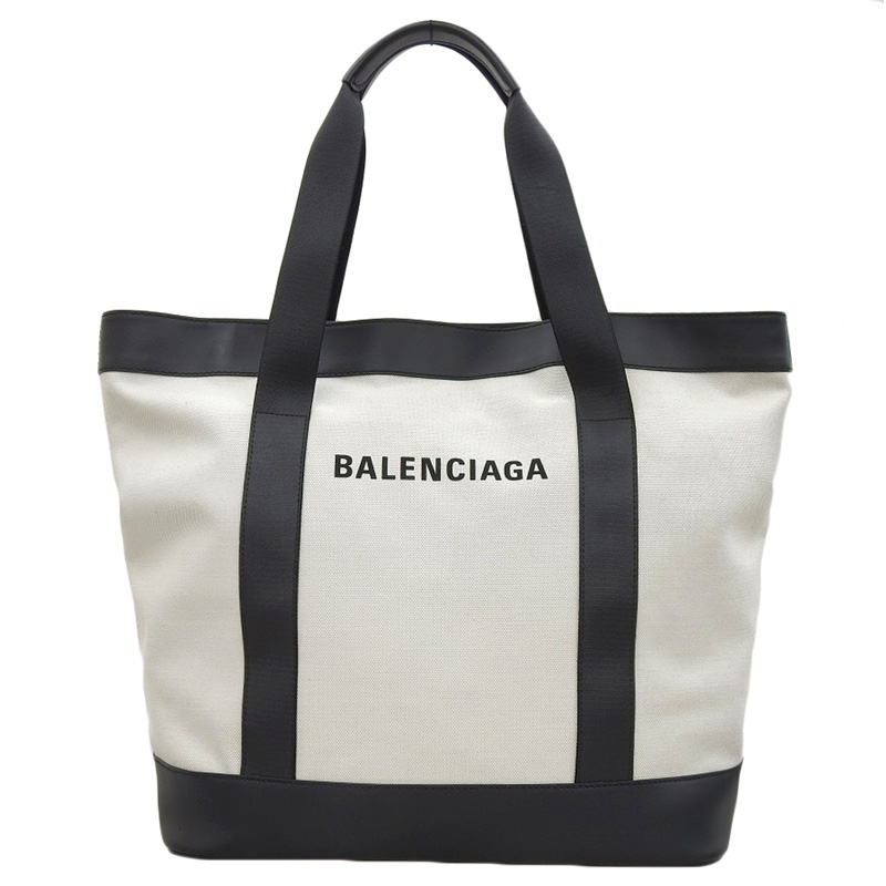 バレンシアガ BALENCIAGA ネイビートート トートバッグ キャンバス/レザー ホワイト/ブラック 374767 中古 OB1700
