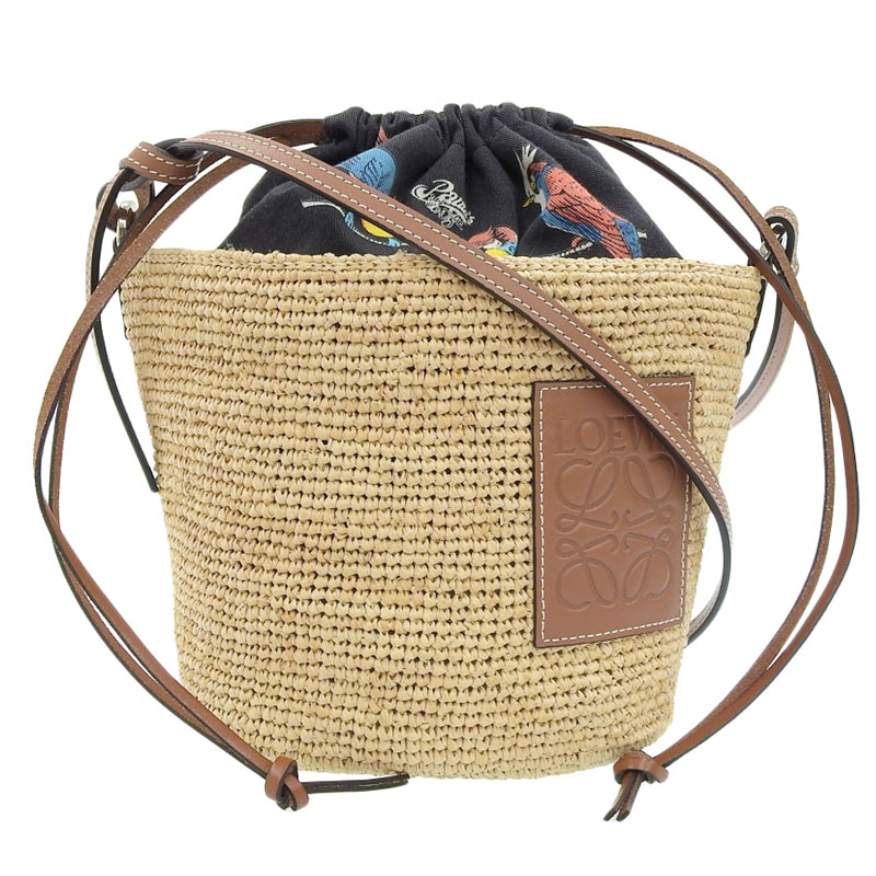 ロエベ LOEWE パロット ショルダーバッグ ポシェットバッグ ラフィア/レザー ナチュラル/タン/ブラック A689C70 中古 OB1717