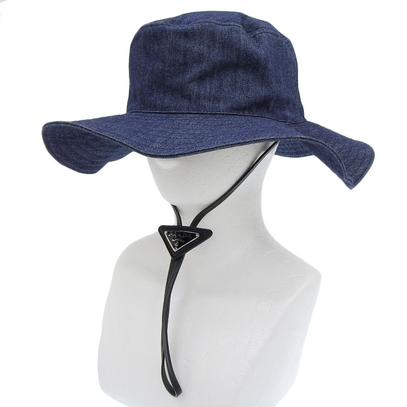 プラダ PRADA デニムハット 帽子 ファブリック ネイビー トライアングルロゴ #L 1HC250 中古 OBB0545