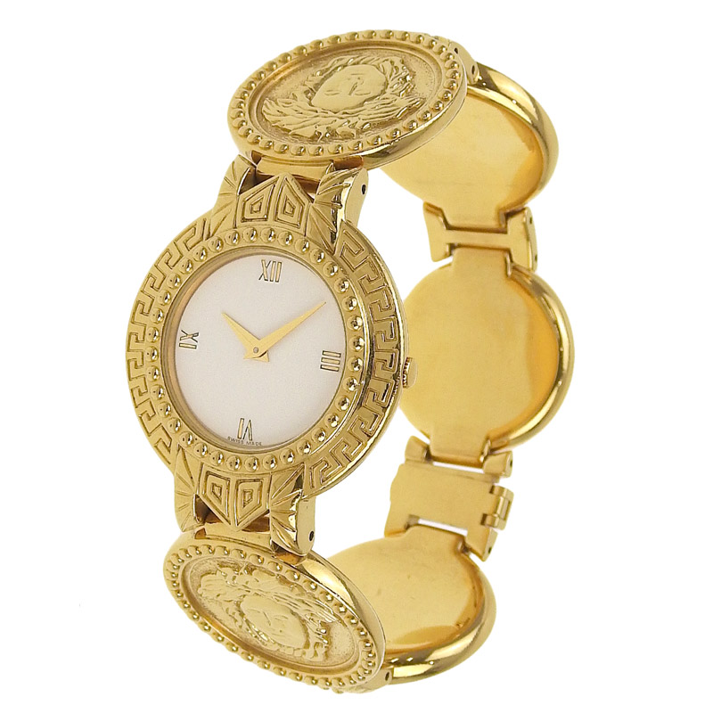 http://ヴェルサーチ%20VERSACE%20コインウォッチ%20メデューサ%20レディース%20クォーツ%20腕時計%20GP%20ホワイト文字盤%207008002%20中古%20OW0417
