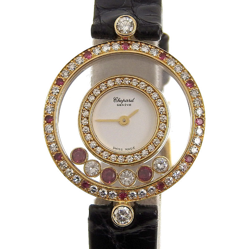 ショパール CHOPARD ハッピーダイヤモンド レディース クォーツ 時計 YG/革 ダイヤ ルビー ホワイト文字盤 20/3957-21 中古 OW0418