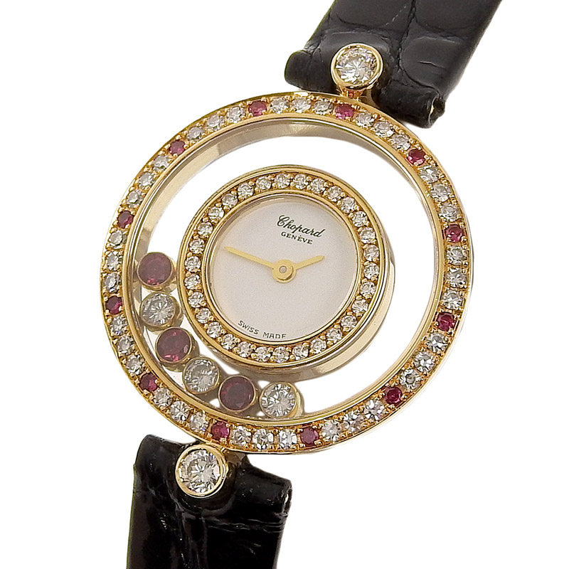 http://ショパール%20CHOPARD%20ハッピーダイヤモンド%20レディース%20クォーツ%20時計%20YG/革%20ダイヤ%20ルビー%20ホワイト文字盤%2020/3957-21%20中古%20OW0418