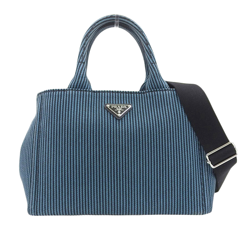 プラダ PRADA カナパ 2WAYバッグ トートバッグ ショルダーバッグ ストライプ キャンバス ブルー/ブラック 1BG439 中古 OB1731