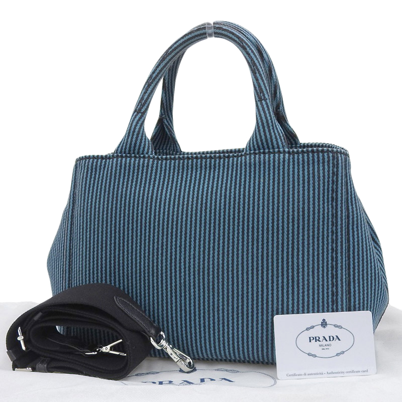 http://プラダ%20PRADA%20カナパ%202WAYバッグ%20トートバッグ%20ショルダーバッグ%20ストライプ%20キャンバス%20ブルー/ブラック%201BG439%20中古%20OB1731