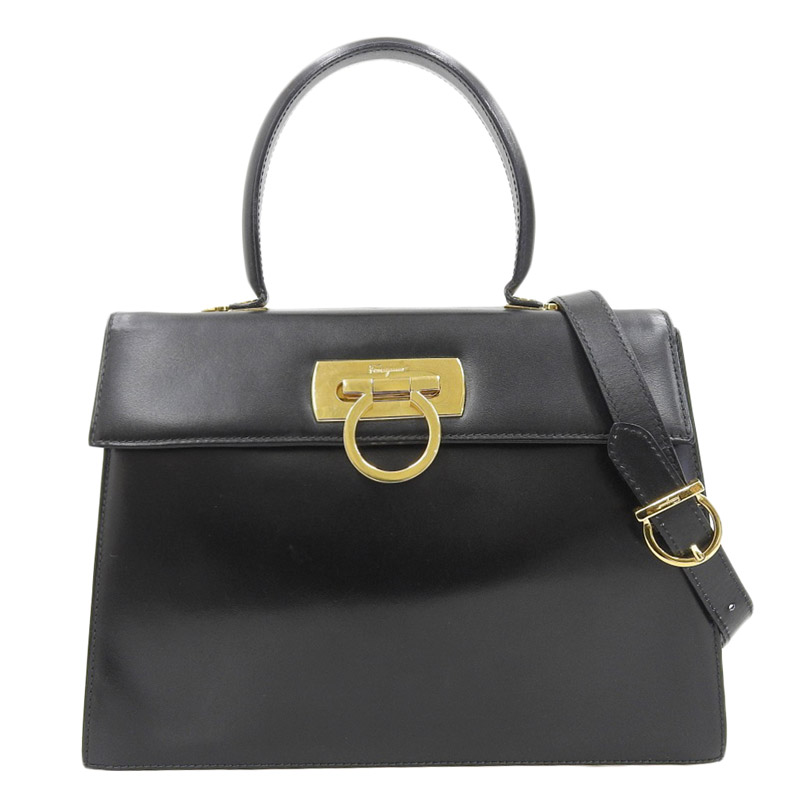 フェラガモ FERRAGAMO ガンチーニ 2WAYバッグ ハンドバッグ ショルダーバッグ レザー ブラック 中古 OB1732