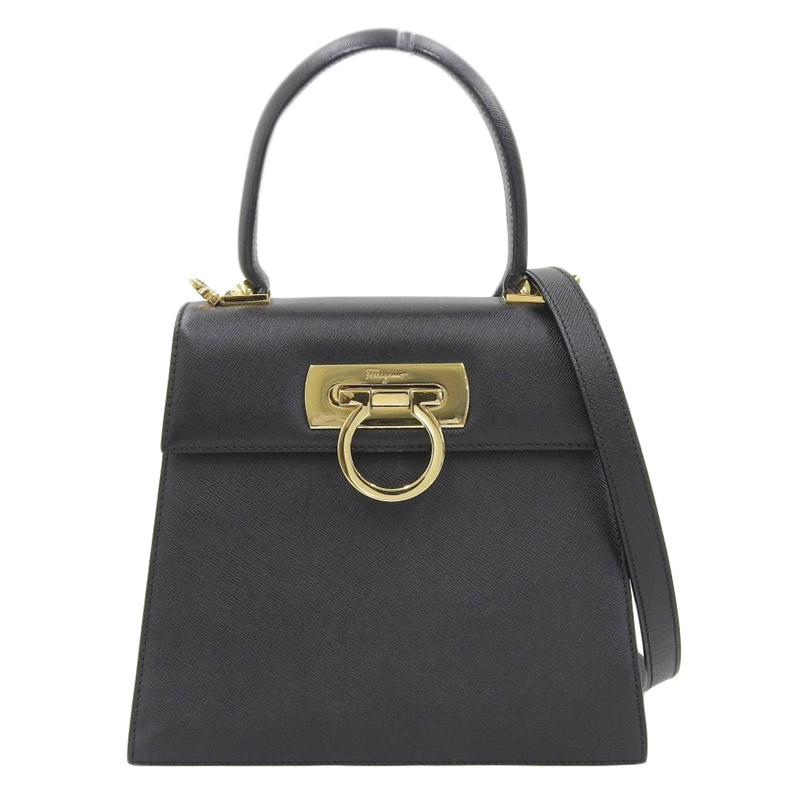 フェラガモ FERRAGAMO ガンチーニ 2WAYバッグ ハンドバッグ ショルダーバッグ レザー ブラック 2193 中古 OB1733