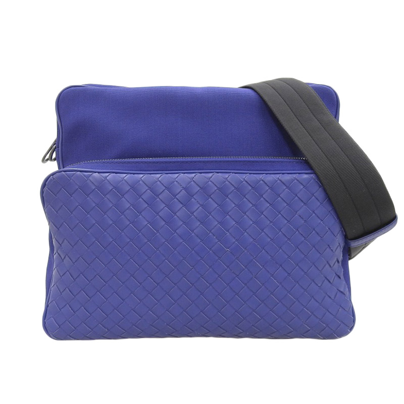 ボッテガヴェネタ BOTTEGA VENETA イントレチャート ショルダーバッグ メッセンジャーバッグ キャンバス/レザー ブルー 中古 OB1745