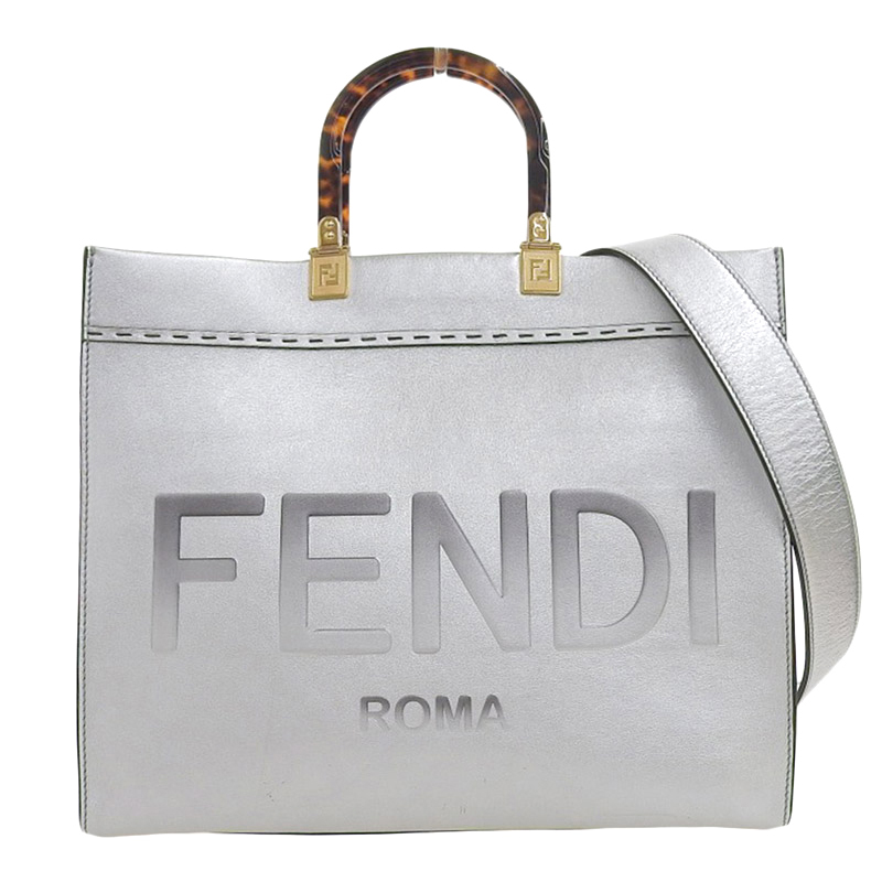 フェンディ FENDI サンシャイン ミディアム 2WAYバッグ トートバッグ ショルダーバッグ レザー シルバー 8BH386 中古 OB1747