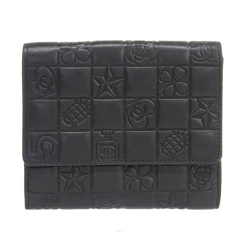 シャネル CHANEL 二つ折り財布 コンパクトウォレット アイコン レザー ブラック 9番台 中古 CH0906