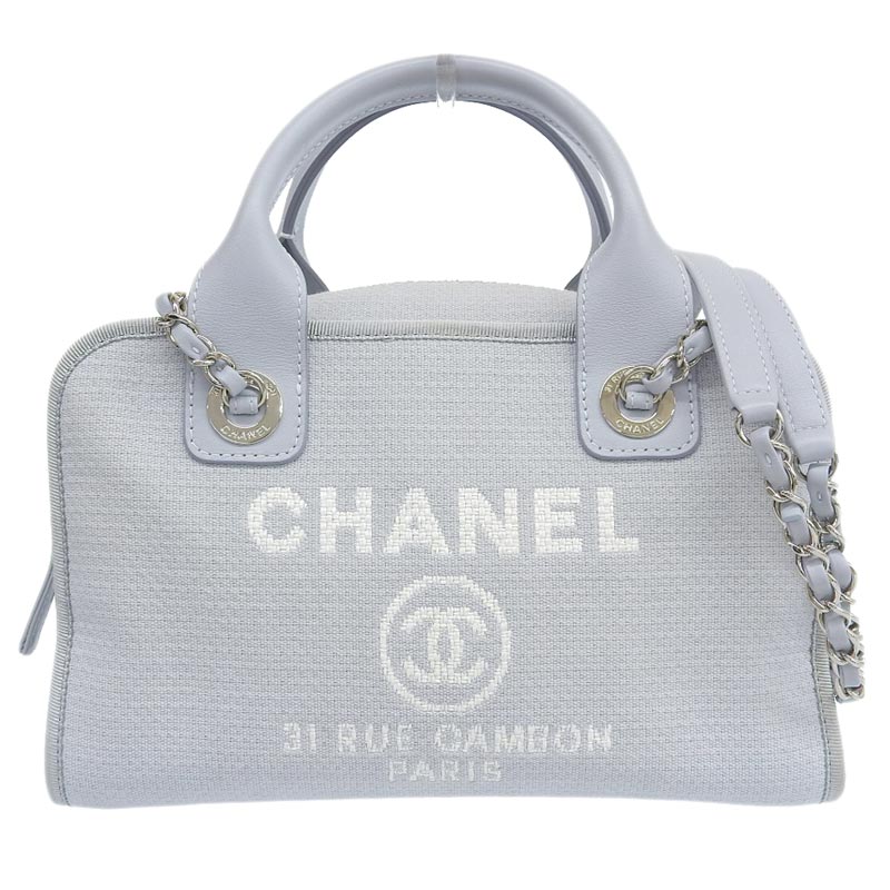 シャネル CHANEL ドーヴィル 2WAY ボーリングバッグ ハンドバッグ ショルダーバッグ キャンバス/レザー ライトブルー 中古 CH0908