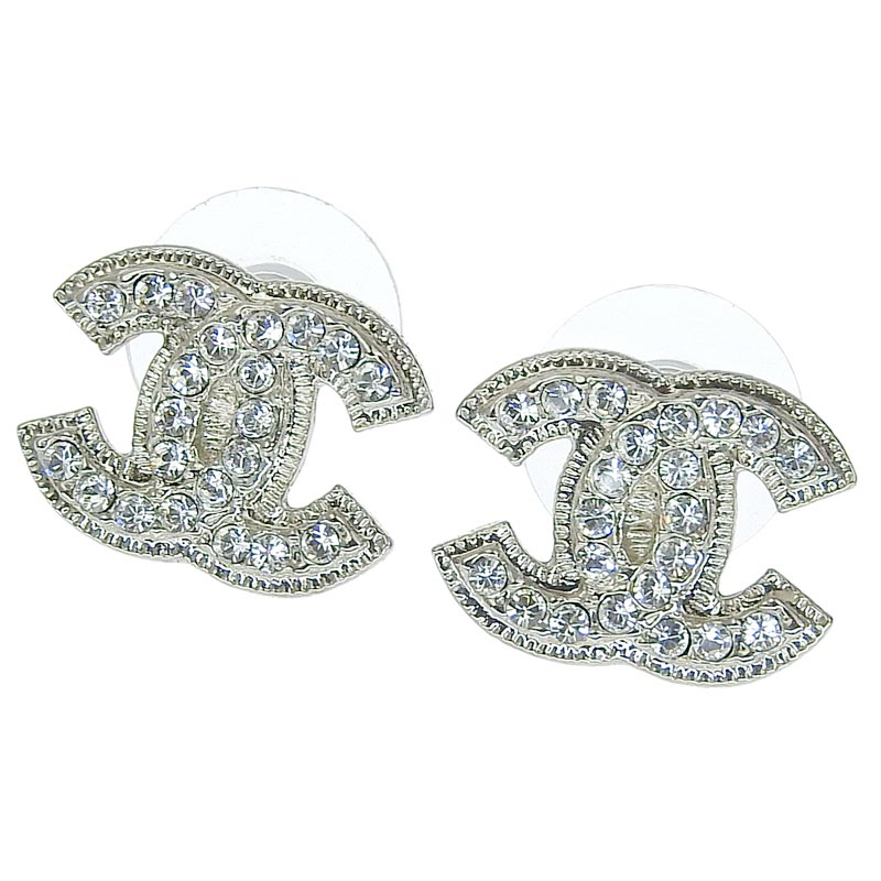 シャネル CHANEL ココマーク ピアス ラインストーン シルバー色 A13V 中古 CH0910