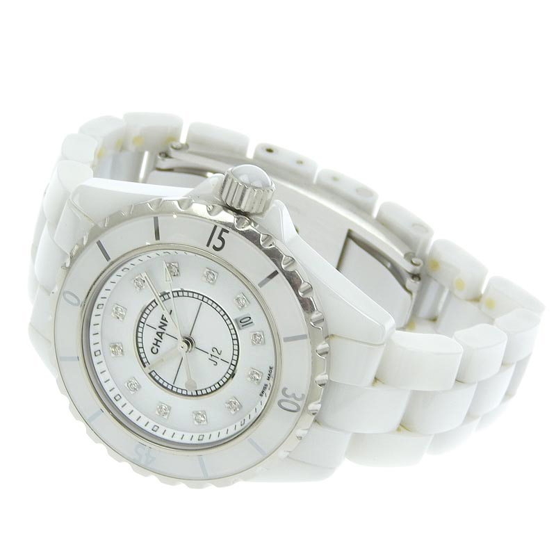 http://シャネル%20CHANEL%20J12%20レディース%20クォーツ%20腕時計%20セラミック%2012Pダイヤモンド%20ホワイト文字盤%20H1628%20中古%20CH0911