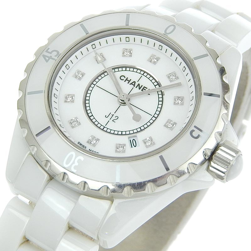 http://シャネル%20CHANEL%20J12%20レディース%20クォーツ%20腕時計%20セラミック%2012Pダイヤモンド%20ホワイト文字盤%20H1628%20中古%20CH0911