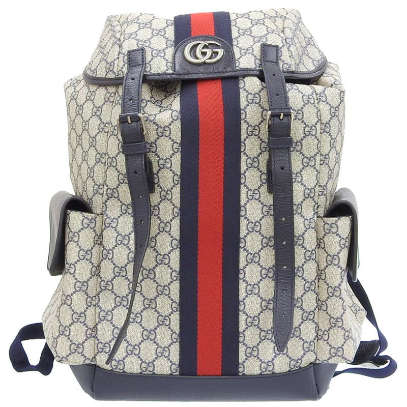 グッチ GUCCI オフィディア GGミディアム GGスプリーム バックパック レザー ベージュ ブルー 598140 中古 GU0564