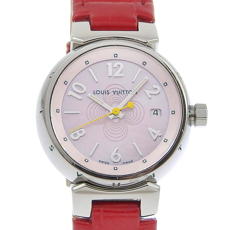 ルイヴィトン LOUIS VUITTON タンブール レディース クォーツ 腕時計 SS/革 ピンク文字盤 Q1216 中古 LV1420