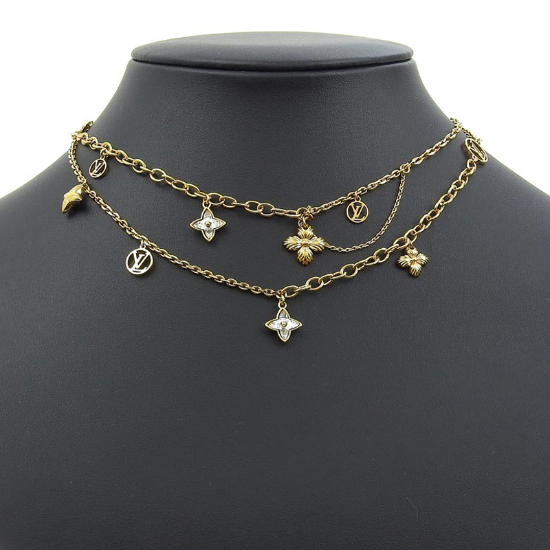 http://ルイヴィトン%20LOUIS%20VUITTON%20コリエ・ブルーミング・ストラス%20LVサークル%20フラワー%20モノグラム%20ゴールド色%20M68374%20中古%20LV1532