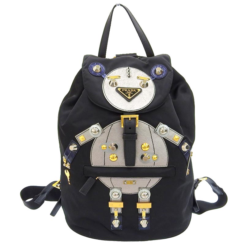 プラダ PRADA ロボット バックパック リュックサック ナイロン レザー ブラック シルバー 1BZ032 中古 OB1739