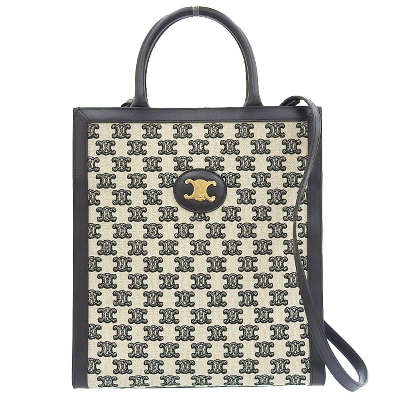 セリーヌ CELINE バーティカルカバ 2WAYバッグ ハンドバッグ ショルダーバッグ キャンバス レザー ブラック アイボリー 中古 OB1751