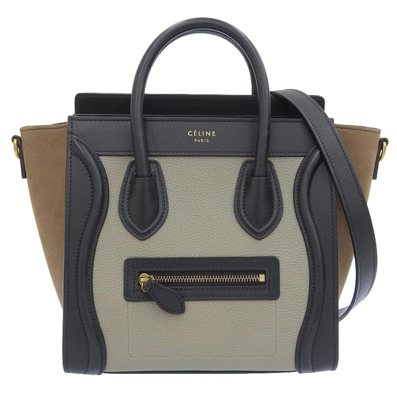 セリーヌ CELINE ラゲージ ナノショッパー 2WAY ハンドバッグ ショルダーバッグ レザー ブラック グレージュ ブラウン 中古 OB1756