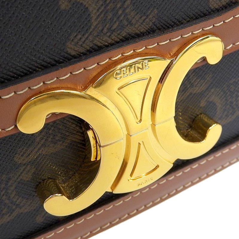 http://セリーヌ%20CELINE%20ティーン%20トリオンフバッグ%20ショルダーバッグ%20トリオンフキャンバス%20カーフスキン%20タン%20188882BZ4%20中古%20OB1757