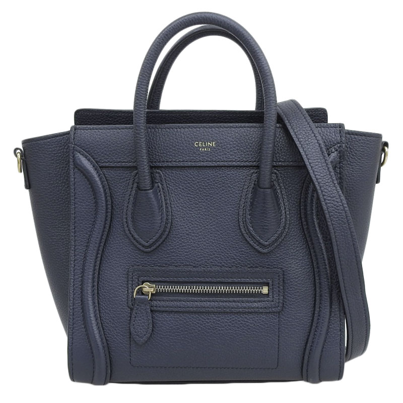 セリーヌ CELINE ラゲージ ナノショッパー 2WAYバッグ ハンドバッグ ショルダーバッグ レザー ネイビー 中古 OB1763