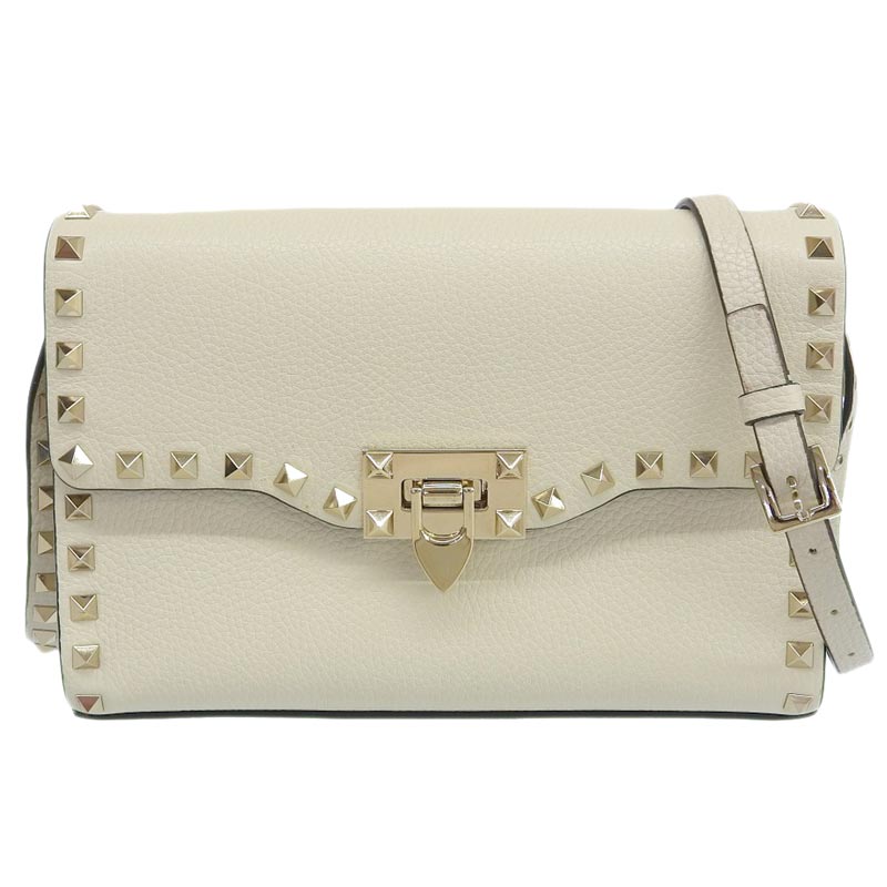ヴァレンティノ VALENTINO ロック スタッズ スモール ショルダーバッグ クロスボディバッグ レザー ホワイト 中古 OB1778