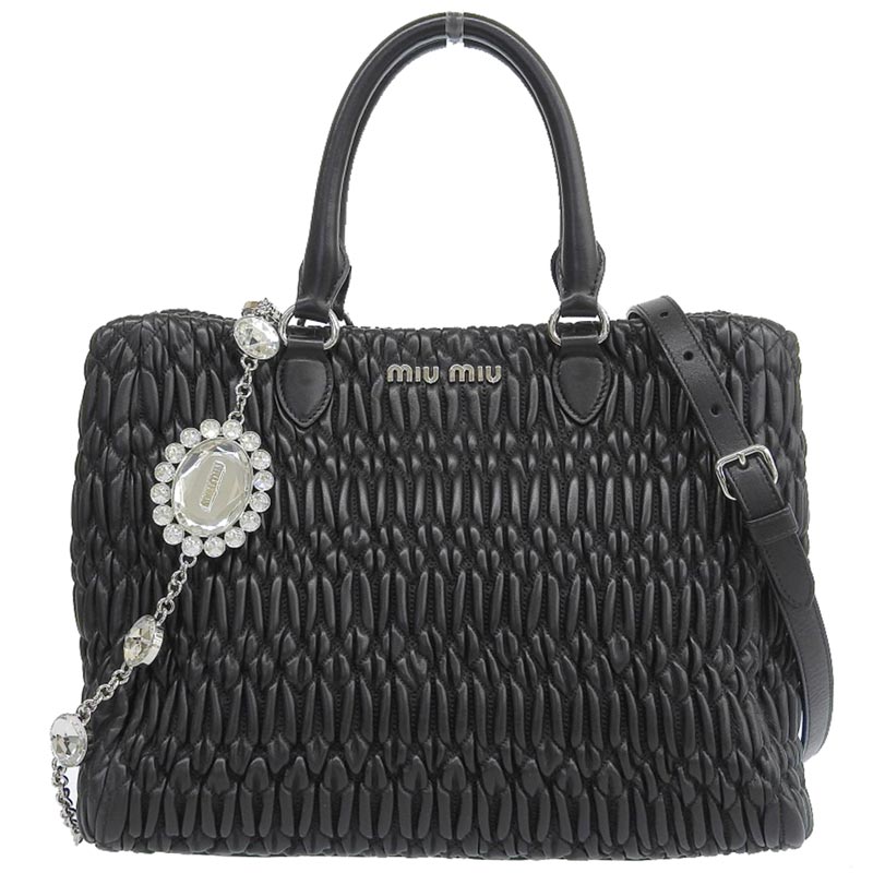ミュウミュウ MIUMIU ナッパクリスタル 2WAYバッグ ハンドバッグ ショルダーバッグ レザー ブラック 5BA958 中古 OB1780