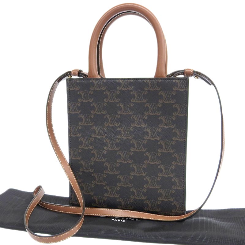http://セリーヌ%20CELINE%20ミニバーティカルカバ%202WAYバッグ%20ショルダーバッグ%20トリオンフキャンバス/レザー%20タン%20中古%20OB1781