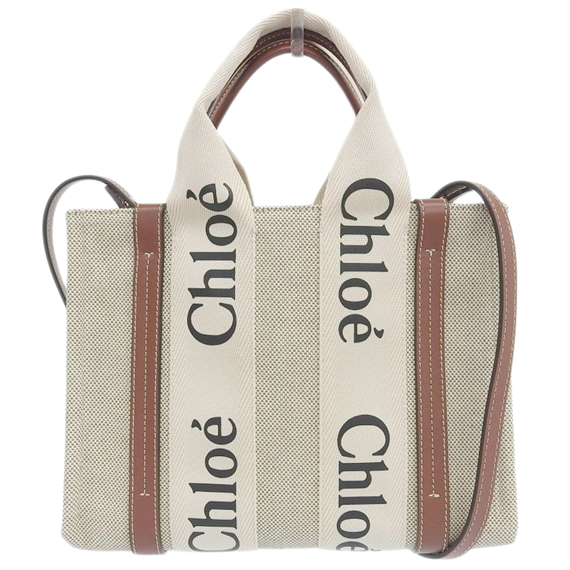 クロエ CHLOE ウッディスモールトートバッグ 2WAY ハンドバッグ キャンバス/レザー ベージュ/ブラウン CHC22AS397 中古 OB1785