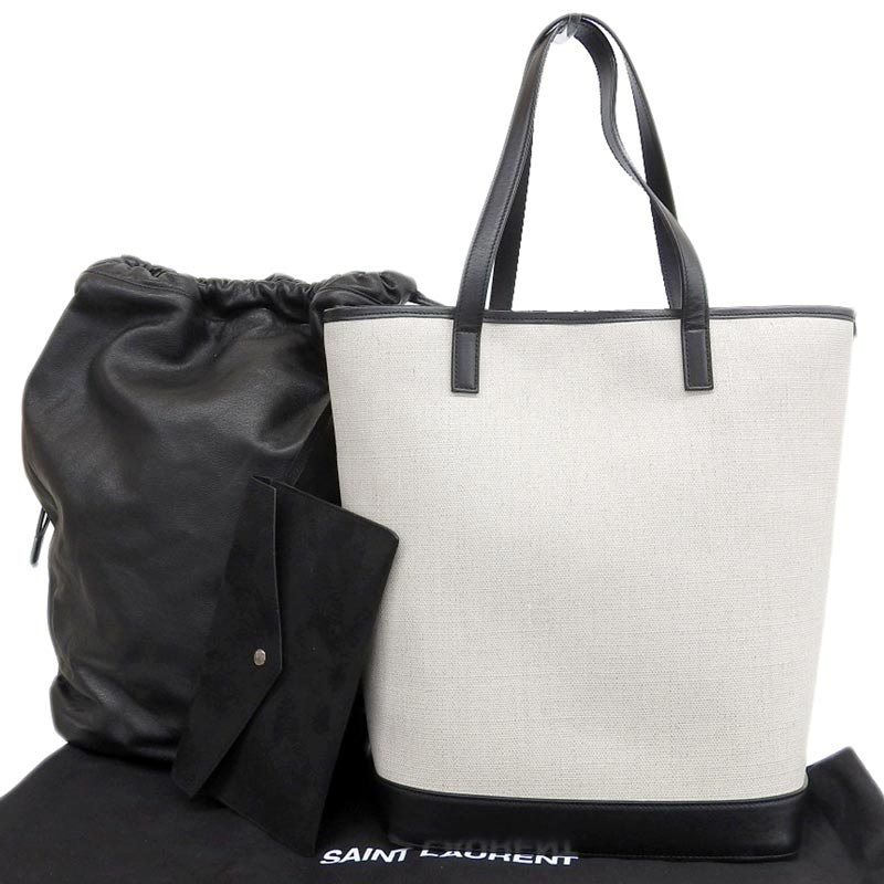 http://サンローラン%20SAINT%20LAURENT%20テディ%20トートバッグ%20キャンバス/レザー%20ナチュラル/ブラック%20551595%20中古%20OB1786
