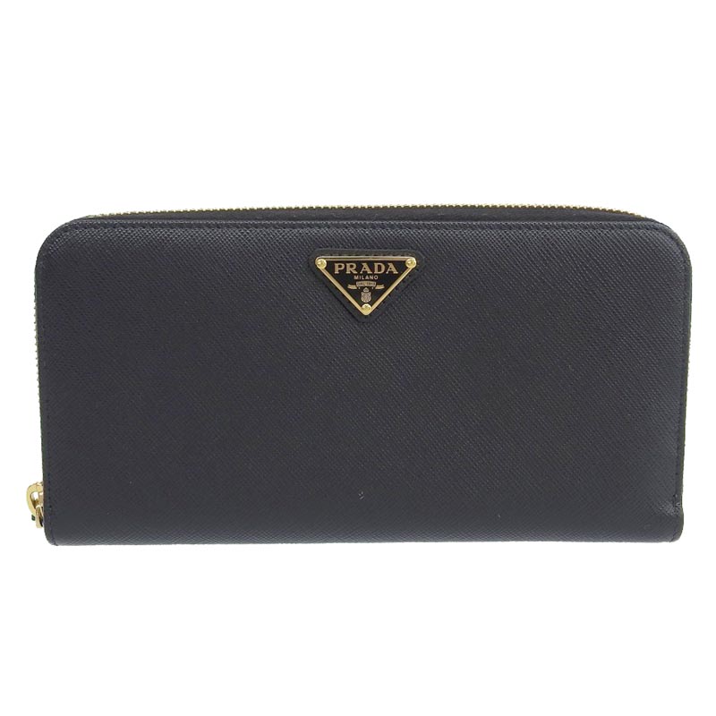 プラダ PRADA 長財布 ラウンドファスナー トライアングル ジップアラウンド サフィアーノ レザー ブラック 1ML506 中古 OBB0548
