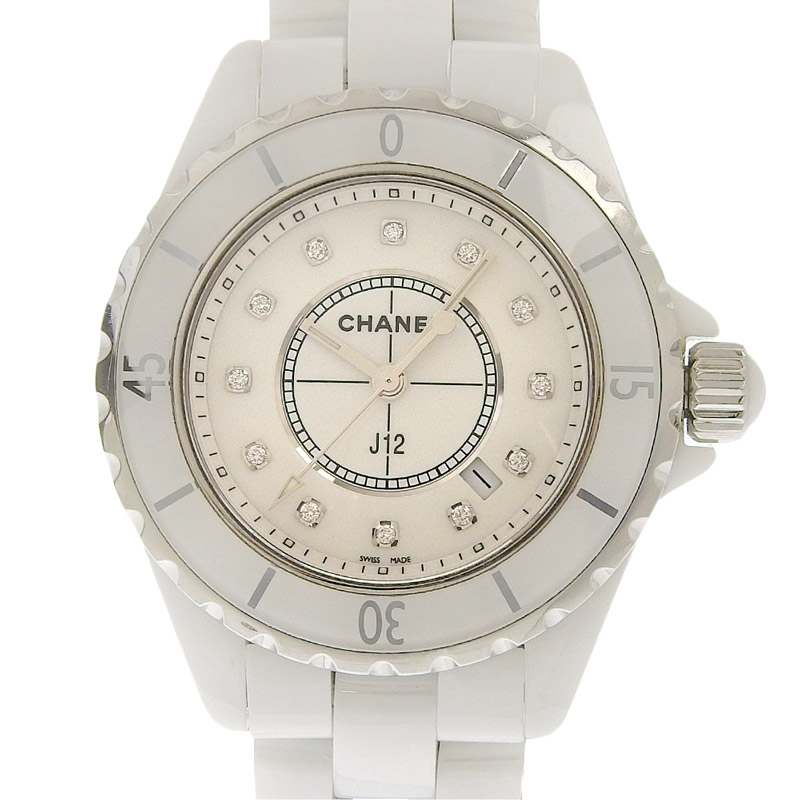 シャネル CHANEL J12 レディース クォーツ 腕時計 セラミック/SS 12Pダイヤモンド ホワイト文字盤 H1628 中古 CH0915
