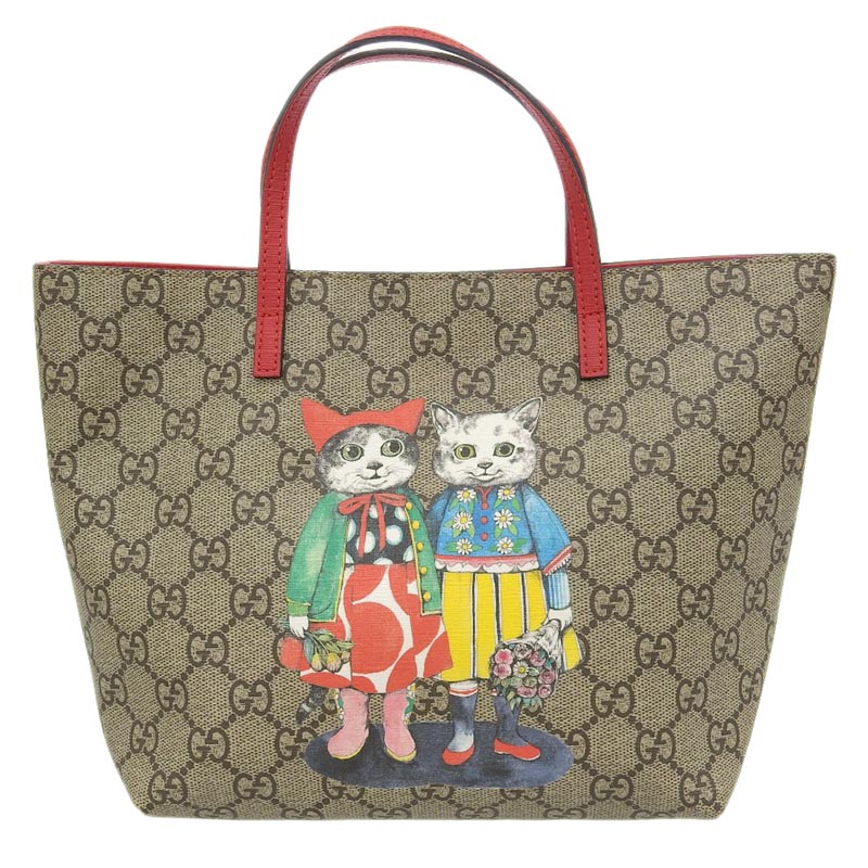 グッチ GUCCI GGスプリーム チルドレンズ ハンドバッグ ヒグチユウコ 猫 GGスプリーム/レザー ベージュ/レッド 410812 中古 GU0572