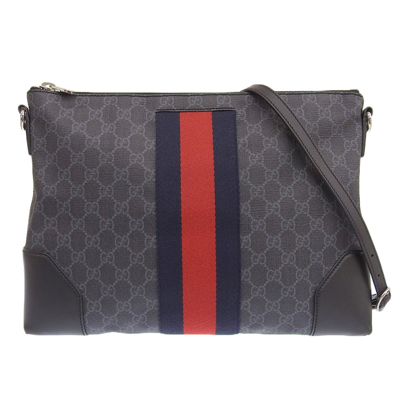 グッチ GUCCI ショルダーバッグ メッセンジャーバッグ GGスプリームキャンバス/レザー グレー/ブラック 474139 中古 GU0579
