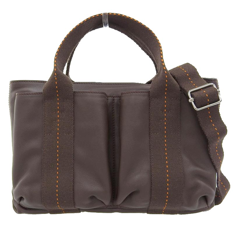 エルメス HERMES キャラバンホリゾンタルPM ハンドバッグ ショルダー ヴォーデルマ/キャンバス ハバナ □M刻印 2009年 中古 HE0926