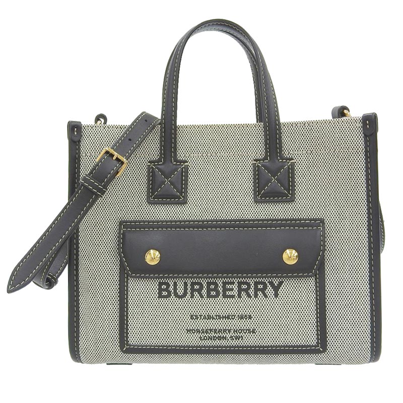 http://バーバリー%20BURBERRY%20フレヤトートミニ%202WAY%20ハンドバッグ%20ショルダーバッグ%20キャンバス/レザー%20ブラック%208044142/71F%20中古%20OB1794