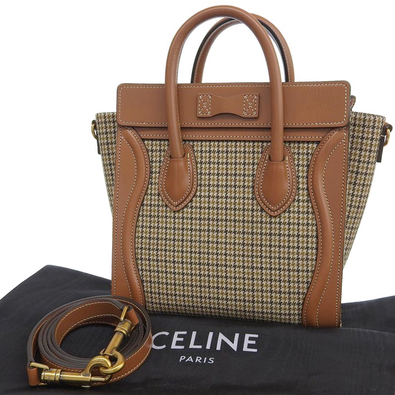 http://セリーヌ%20CELINE%20ラゲージ%20ナノショッパー%202WAY%20ハンドバッグ%20ショルダーバッグ%20ウール/レザー%20ブラウン/ベージュ%20中古%20OB1795