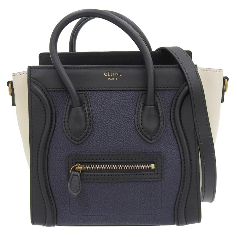 セリーヌ CELINE ラゲージ ナノショッパー 2WAY ハンドバッグ ショルダーバッグ レザー ネイビー/ブラック/ホワイト 中古 OB1798